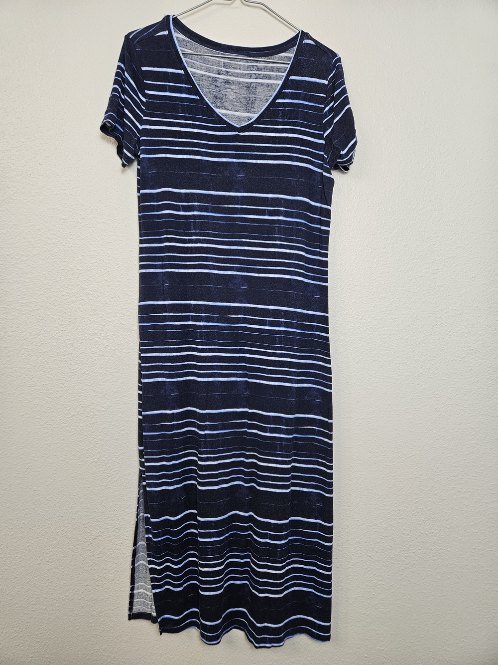 Sonoma Navy and Light Blue Striped V‑Neck Dress with Side Slit Size M